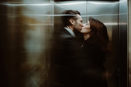 a man and woman kissing one another in an elevator, in the style of celebrity photography,の素材