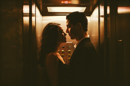 a man and woman kissing one another in an elevator, in the style of celebrity photography,の素材