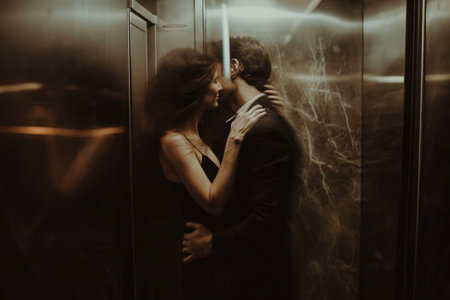 a man and woman kissing one another in an elevator, in the style of celebrity photography,の素材