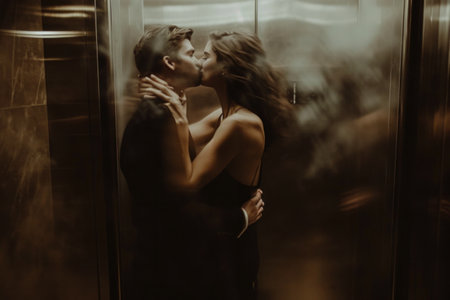 a man and woman kissing one another in an elevator, in the style of celebrity photography,の素材