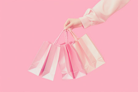 .a female hand with pink shopping bags at the end, in the style of minimalist illustrator, romantic and nostalgic themes.の素材