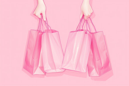 .a female hand with pink shopping bags at the end, in the style of minimalist illustrator, romantic and nostalgic themes.の素材