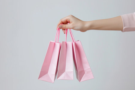 .a female hand with pink shopping bags at the end, in the style of minimalist illustrator, romantic and nostalgic themes.の素材