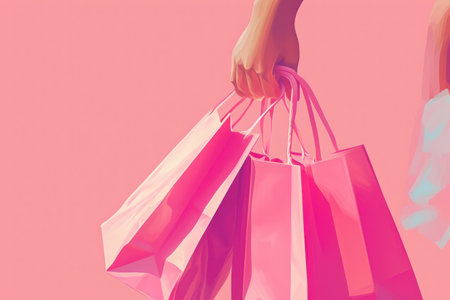 .a female hand with pink shopping bags at the end, in the style of minimalist illustrator, romantic and nostalgic themes.の素材
