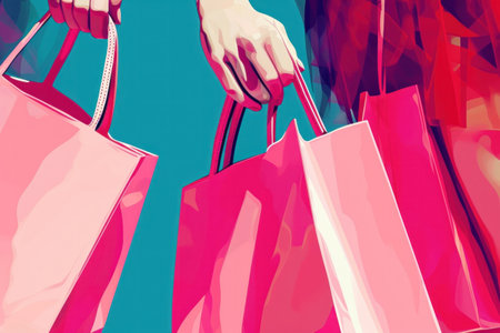 .a female hand with pink shopping bags at the end, in the style of minimalist illustrator, romantic and nostalgic themes.の素材