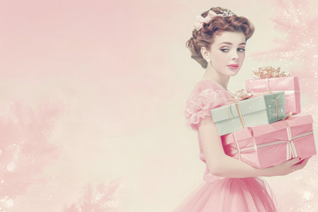 a pink card with a woman carrying an array of pink boxes.の素材