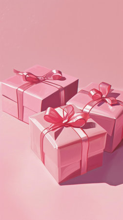 a pink card with a woman carrying an array of pink boxes.の素材