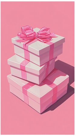 a pink card with a woman carrying an array of pink boxes.の素材