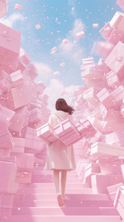 a pink card with a woman carrying an array of pink boxes.の素材