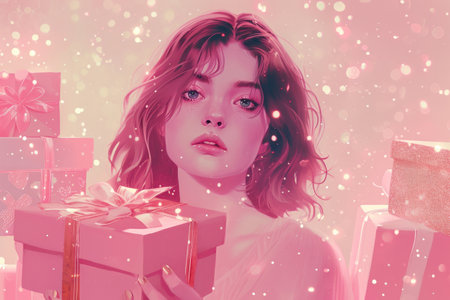 a pink card with a woman carrying an array of pink boxes.の素材
