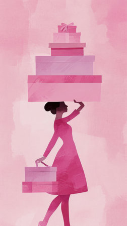 a pink card with a woman carrying an array of pink boxes.の素材