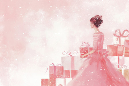 a pink card with a woman carrying an array of pink boxes.の素材