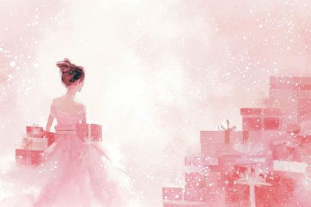 a pink card with a woman carrying an array of pink boxes.の素材