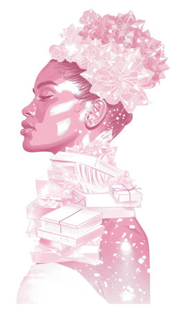 a pink card with a woman carrying an array of pink boxes.の素材