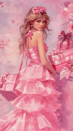 a pink card with a woman carrying an array of pink boxes.の素材