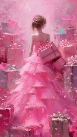 a pink card with a woman carrying an array of pink boxes.の素材