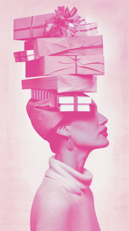 a pink card with a woman carrying an array of pink boxes.の素材