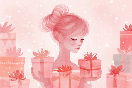 a pink card with a woman carrying an array of pink boxes.の素材