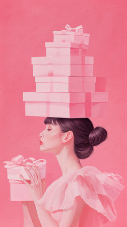 a pink card with a woman carrying an array of pink boxes.の素材