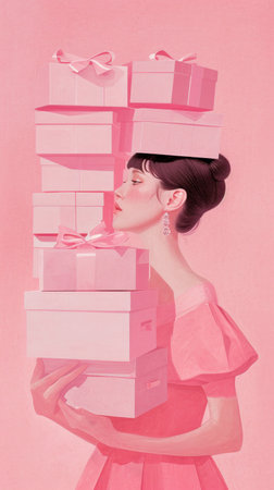 a pink card with a woman carrying an array of pink boxes.の素材
