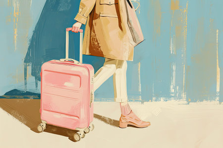 illustrations of a woman with pink suitcase, travel concept.の素材