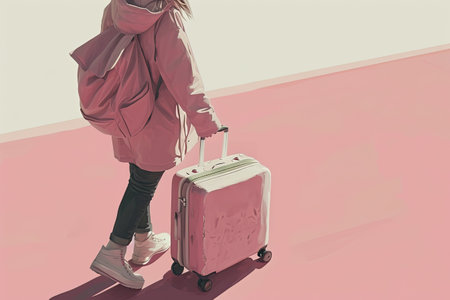 illustrations of a woman with pink suitcase, travel concept.の素材