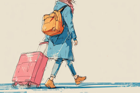 illustrations of a woman with pink suitcase, travel concept.の素材