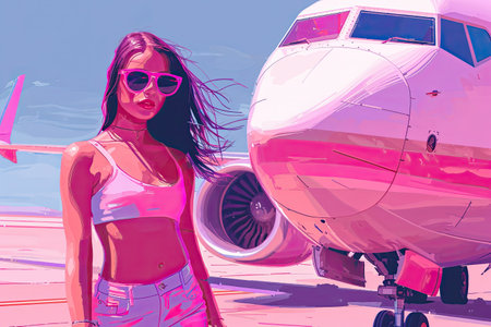 illustrations of a woman with pink suitcase, travel concept.の素材