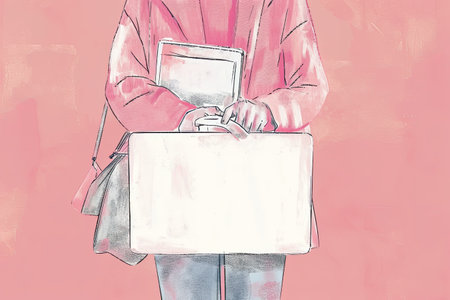 illustrations of a woman with pink suitcase, travel concept.の素材