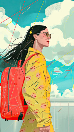 illustrations of a woman with pink suitcase, travel concept.の素材