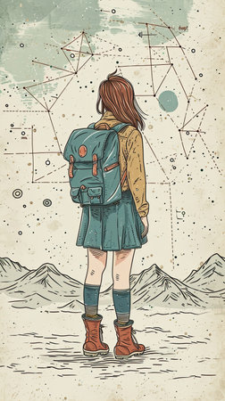 illustrations of a woman with pink suitcase, travel concept.の素材