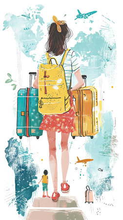 illustrations of a woman with pink suitcase, travel concept.の素材