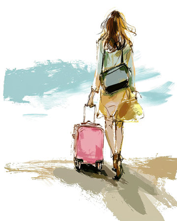 illustrations of a woman with pink suitcase, travel concept.の素材