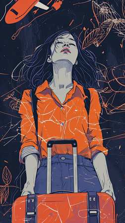illustrations of a woman with pink suitcase, travel concept.の素材