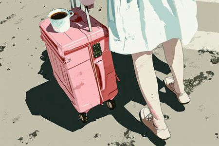 illustrations of a woman with pink suitcase, travel concept.の素材
