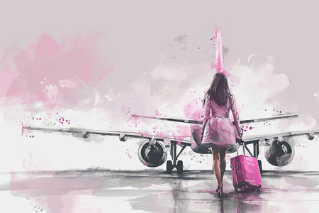 illustrations of a woman with pink suitcase, travel concept.の素材