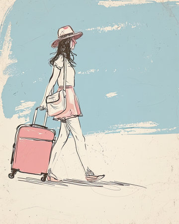 illustrations of a woman with pink suitcase, travel concept.の素材