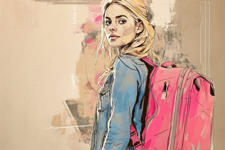 illustrations of a woman with pink suitcase, travel concept.の素材