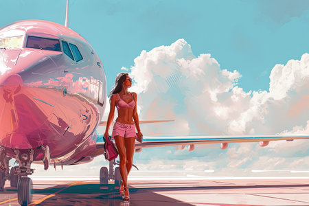 illustrations of a woman with pink suitcase, travel concept.の素材