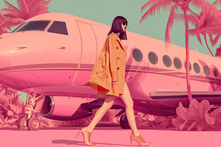 illustrations of a woman with pink suitcase, travel concept.の素材