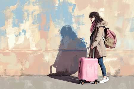 illustrations of a woman with pink suitcase, travel concept.の素材
