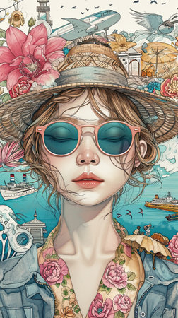 illustrations of a woman with pink suitcase, travel concept.の素材