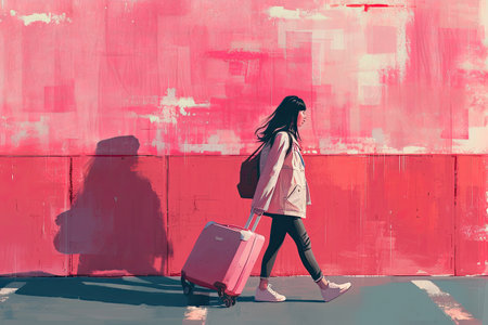 illustrations of a woman with pink suitcase, travel concept.の素材