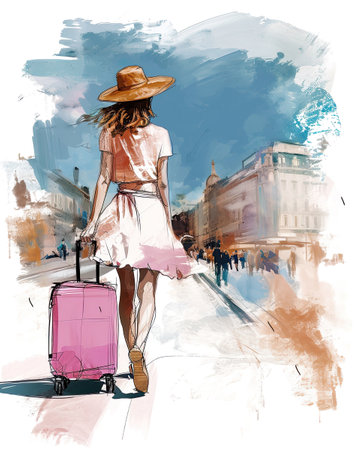 illustrations of a woman with pink suitcase, travel concept.の素材