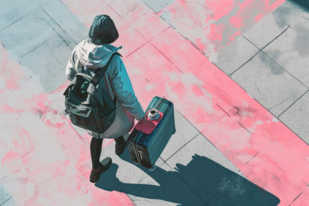 illustrations of a woman with pink suitcase, travel concept.の素材