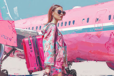 illustrations of a woman with pink suitcase, travel concept.の素材