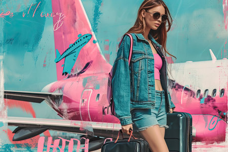 illustrations of a woman with pink suitcase, travel concept.の素材