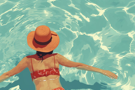 a swimming holiday illustration with an attractive woman in a hat lounging in the pool.の素材