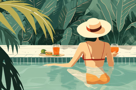 a swimming holiday illustration with an attractive woman in a hat lounging in the pool.の素材
