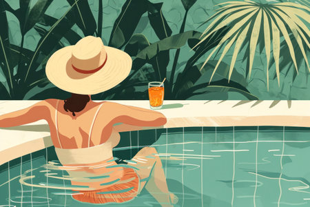 a swimming holiday illustration with an attractive woman in a hat lounging in the pool.の素材